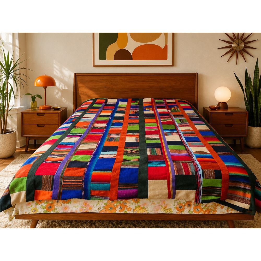 Vtg Handmade Woven Textile Coverlet Blanket 76x90 Boho MCM Southwestern Serape